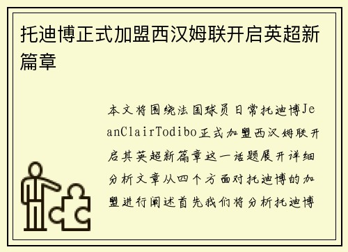 托迪博正式加盟西汉姆联开启英超新篇章